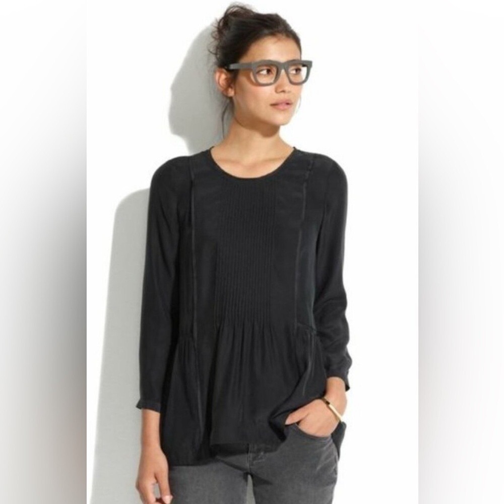 Madewell Etude Women's top 100%‎ Silk Long Sleeve Peasant Blouse Black 08780 SM